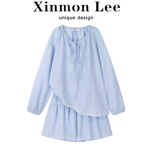 XinmonLee韩版简约圆领抽绳上衣夏长袖防晒两件套装甜美半身裙女