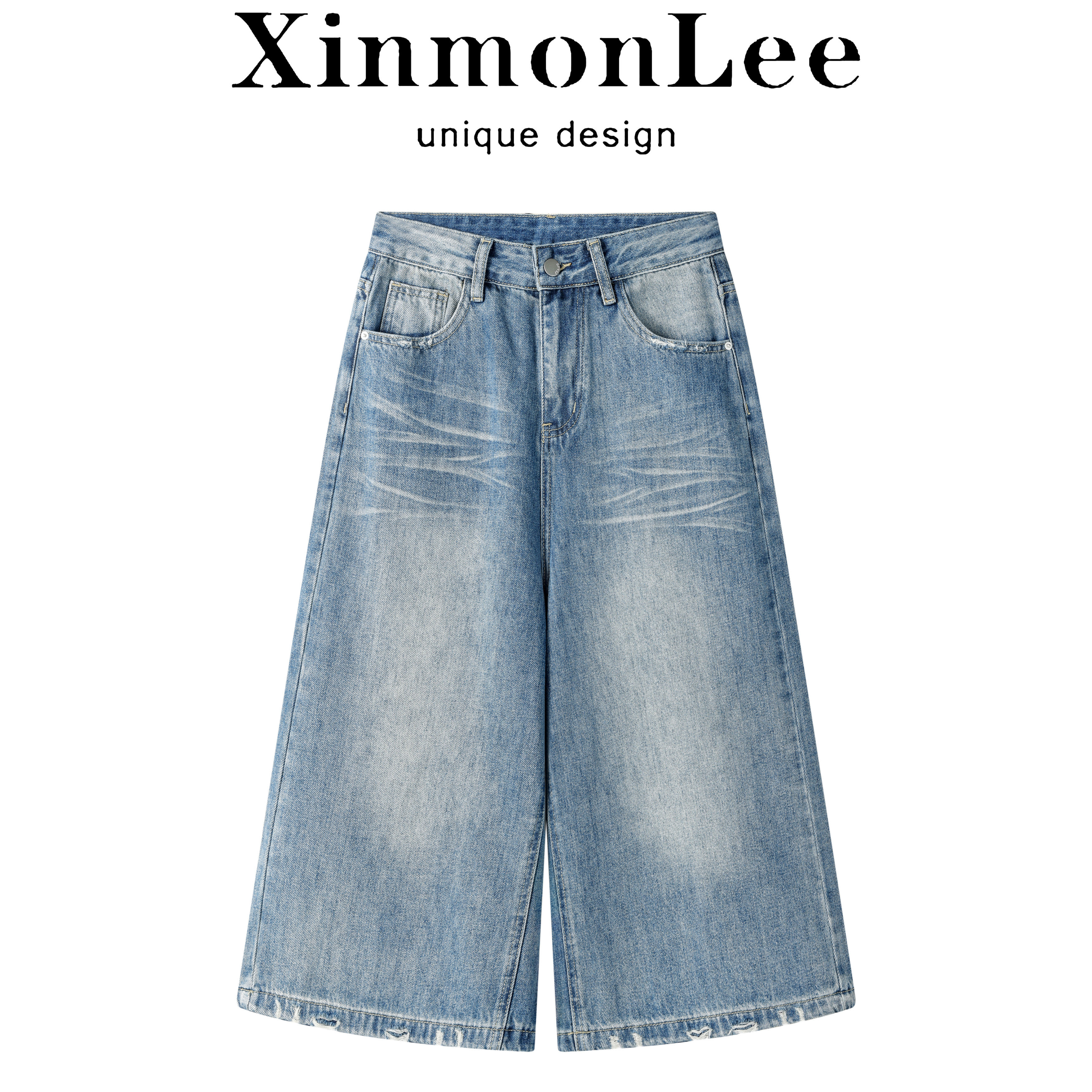 XinmonLee做旧水洗气质韩版浅蓝色阔腿七分裤夏季显瘦宽松牛仔裤