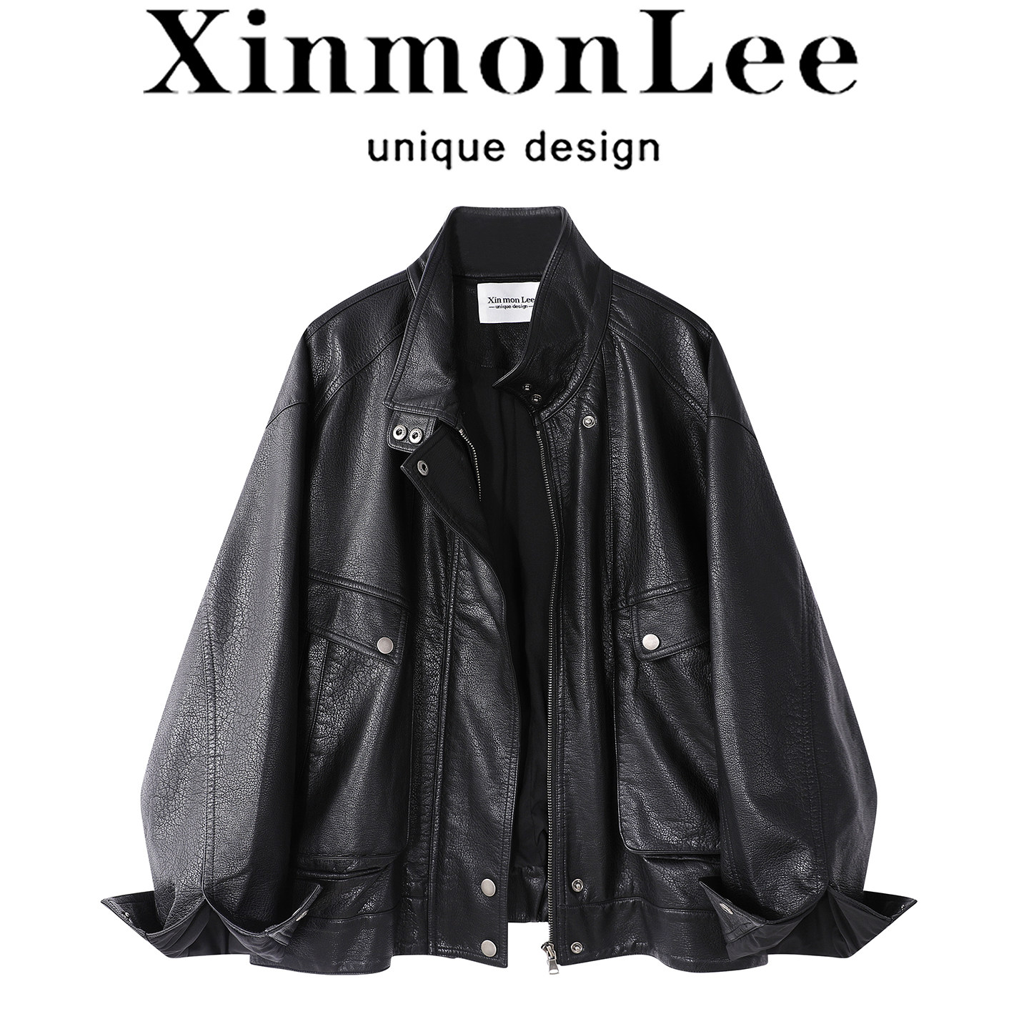 XinmonLee黑色复古机车服夹克外套秋冬新款高级感显瘦休闲立领女