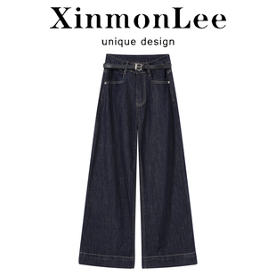 XinmonLee韩国蓝高级感夏季新款牛仔裤休闲高腰垂感阔腿裤百搭女