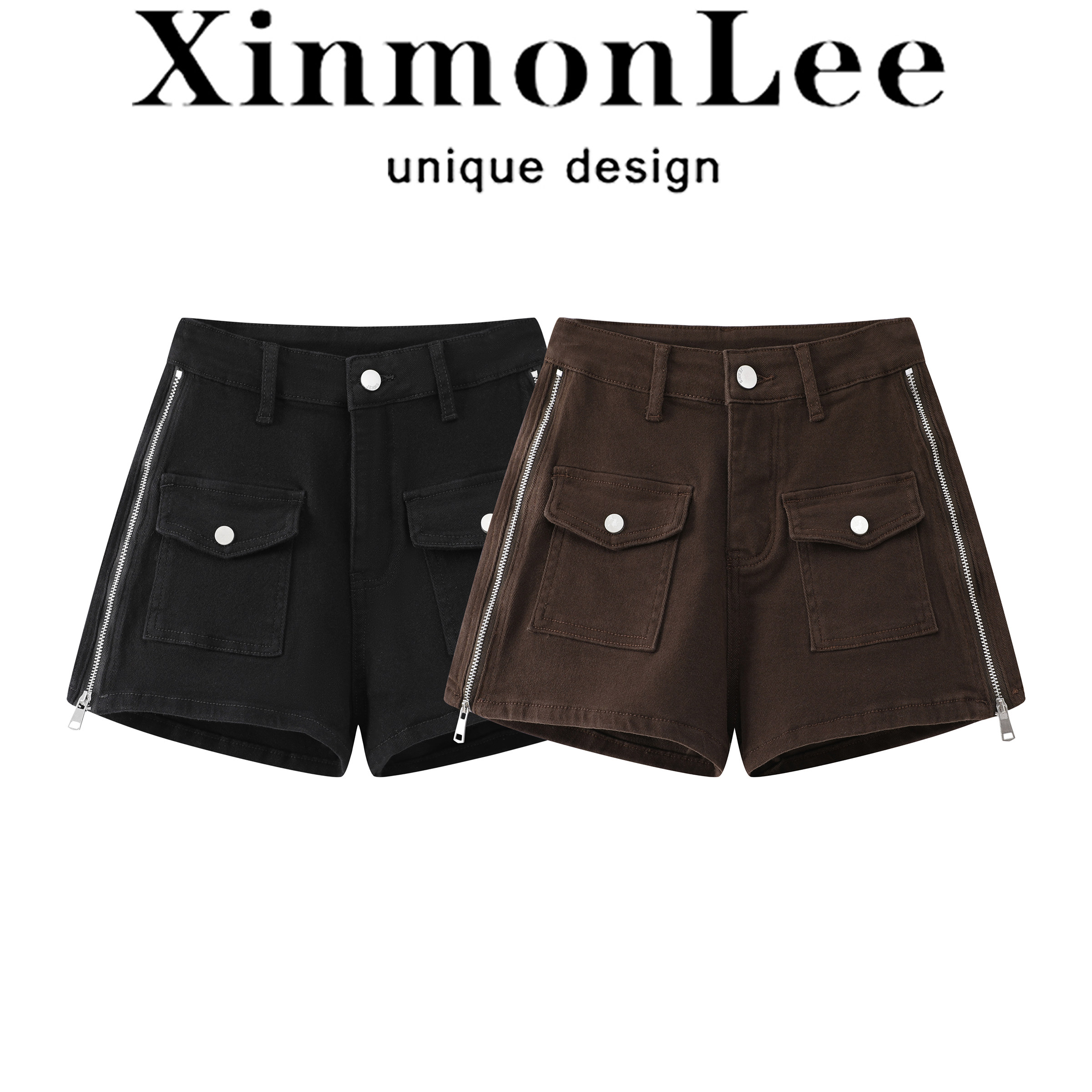 XinmonLee高腰显瘦拉链牛仔短裤女夏季工装阔腿裤小个子辣妹热裤