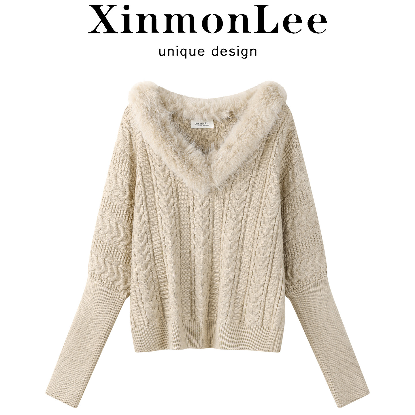 XinmonLee法式软糯毛毛V领麻花针织衫气质秋冬亲肤露肩毛衣高级感