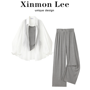 XinmonLee休闲时尚三件套装吊带开衫防晒衣春夏女宽松高腰阔腿裤