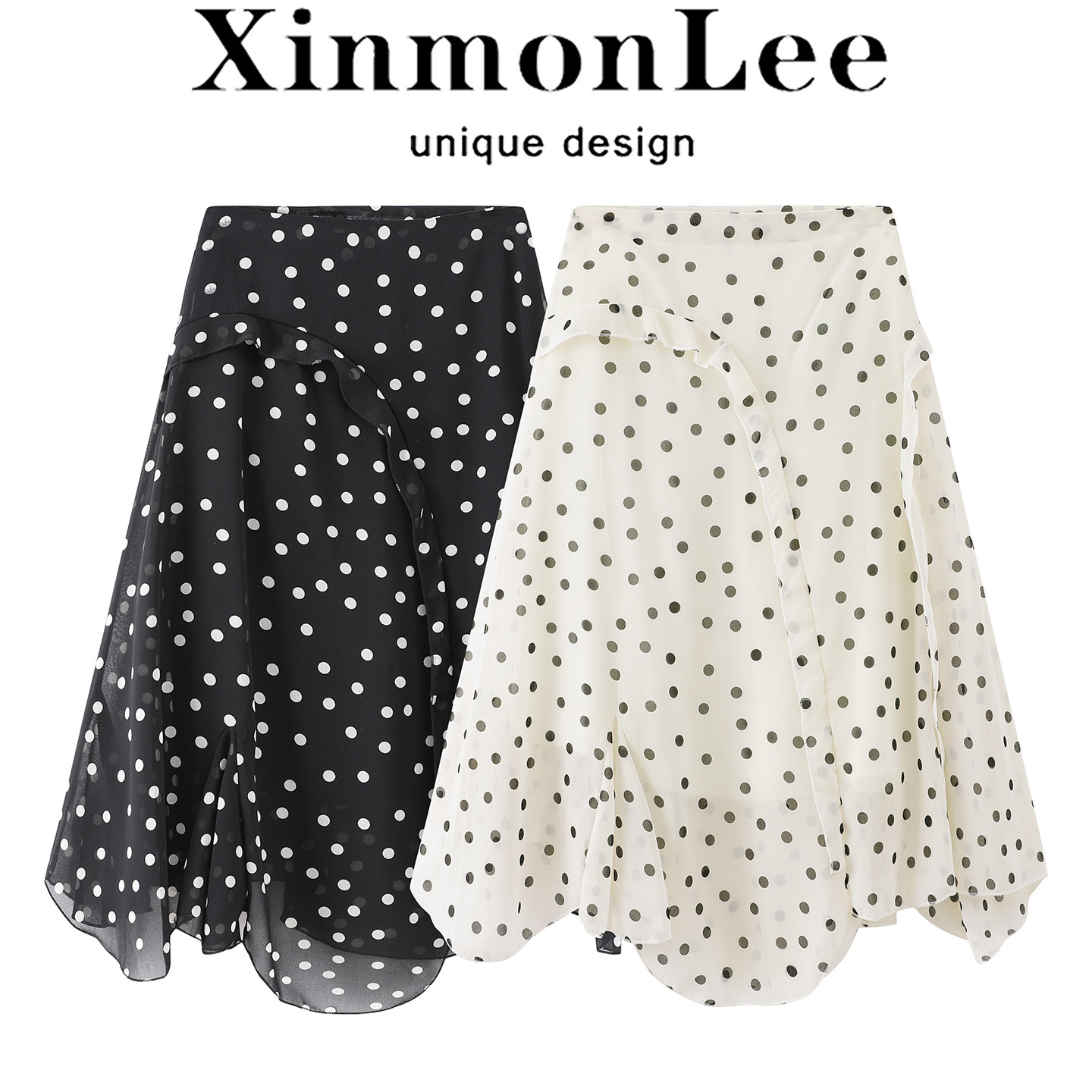 XinmonLee韩版高腰波点半身裙女夏季A字裙显瘦气质拼接荷叶边中裙