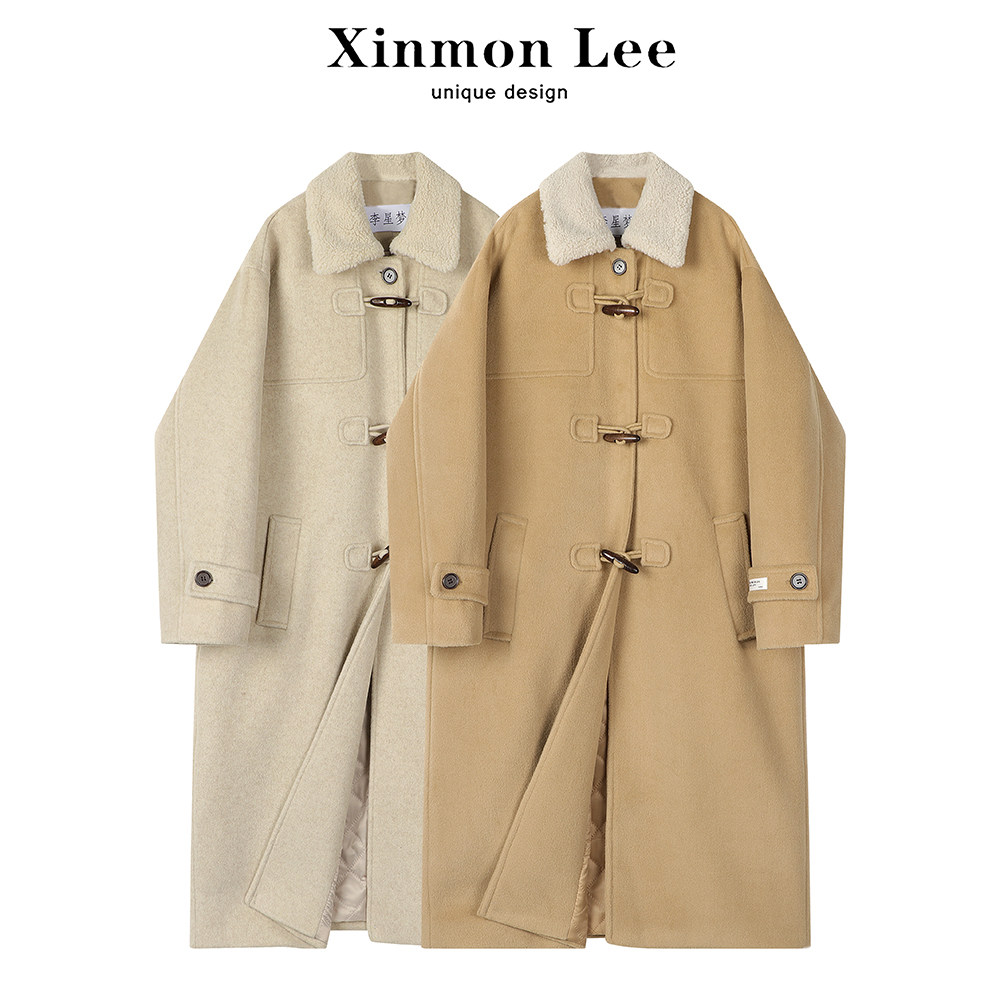 XinmonLee今年流行漂亮中长款双面毛呢子外套秋冬季女牛角扣大衣