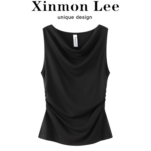 XinmonLee通勤气质荡领无袖背心上衣新款褶皱收腰显瘦休闲坎肩T恤