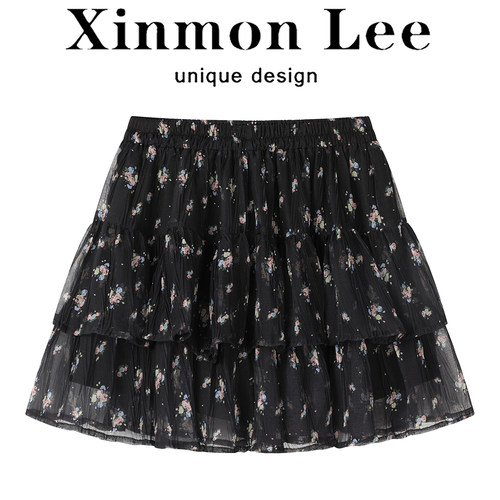 XinmonLee法式复古高级感蛋糕裙夏A字碎花短裙女显瘦百搭绝美半裙