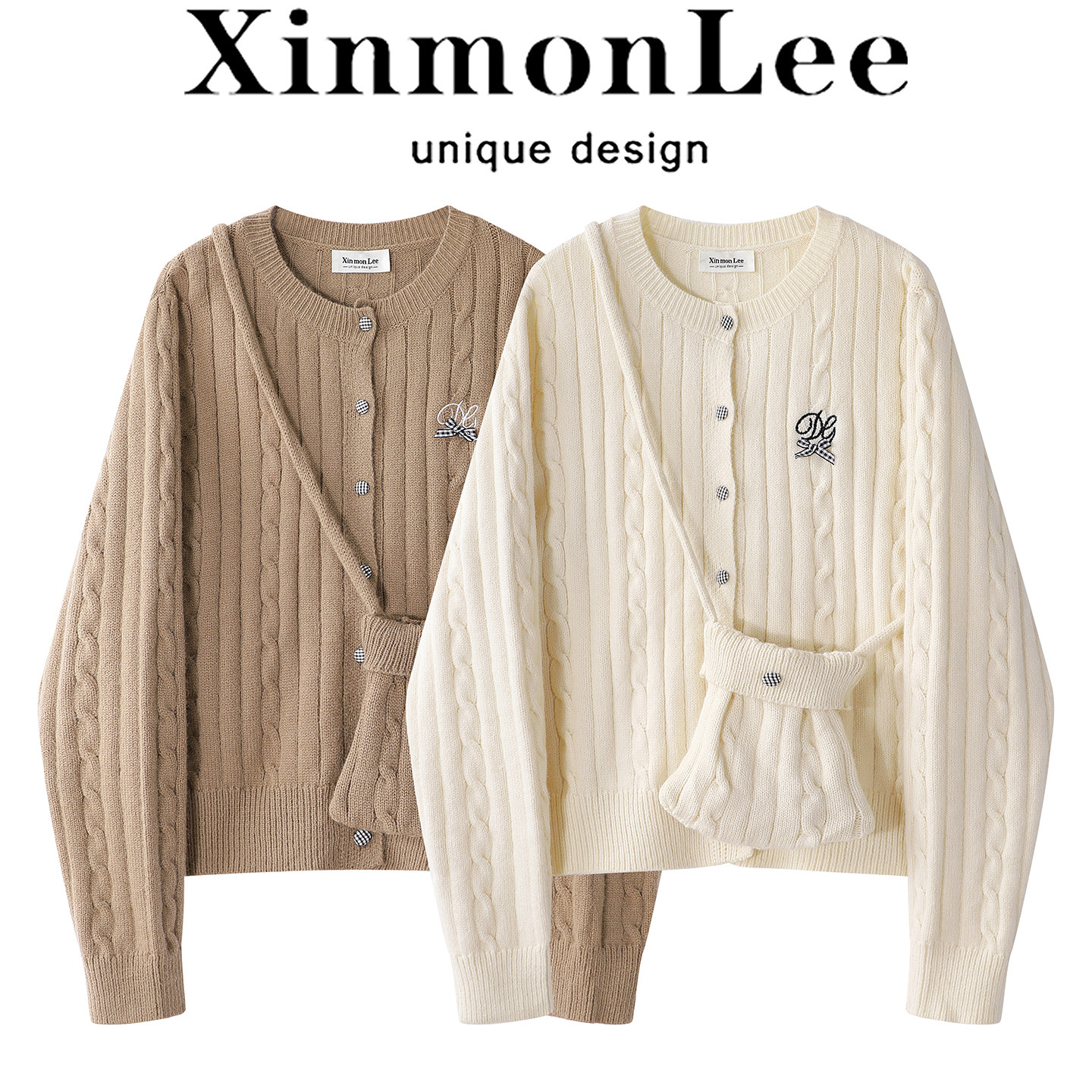 XinmonLee韩系甜美刺绣蝴蝶结麻花针织开衫秋冬慵懒气质百搭毛衣
