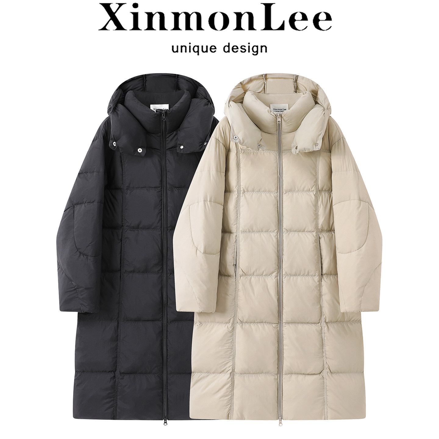 XinmonLee冬季新款韩版泡芙中长款羽绒服加绒保暖连帽外套白鸭绒