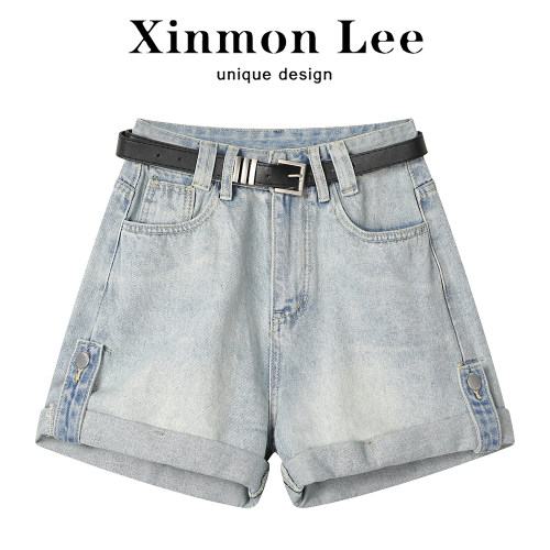 XinmonLee设计感小众休闲牛仔裤女高腰阔腿显瘦复古辣妹A字短裤夏