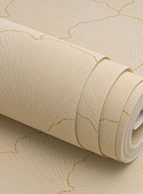 中式银杏叶纹米黄色无纺布墙纸 卧室书房扇子纹理背景墙壁纸灰色W