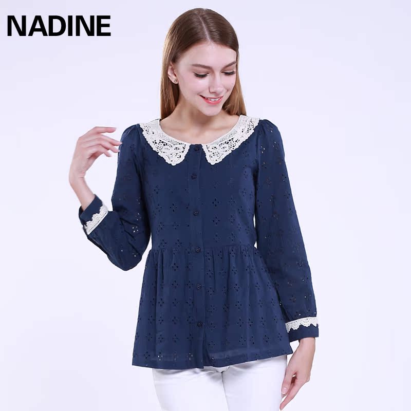 Cotton lace baby collar shirt spring and autumn new long sleeve cut out embroidered shirt cardigan womens dress