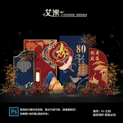 小预算红蓝金色国风老人父母长辈生日宴寿宴舞台背景PSD设计素材