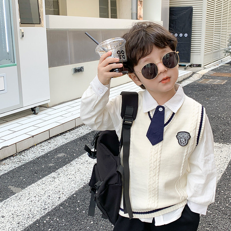 CC家儿童学院风套装2023春季新款男童洋气毛衣马甲领带宝宝两件套