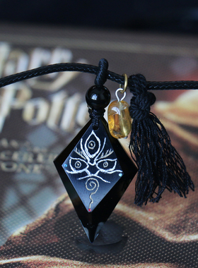 手绘唐卡黑财神黑曜石黄水晶项链