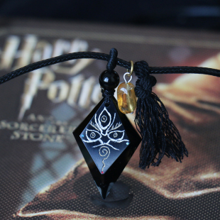 手绘唐卡黑财神吊坠藏式风手工精雕招财天然黑曜石黄水晶项链男款