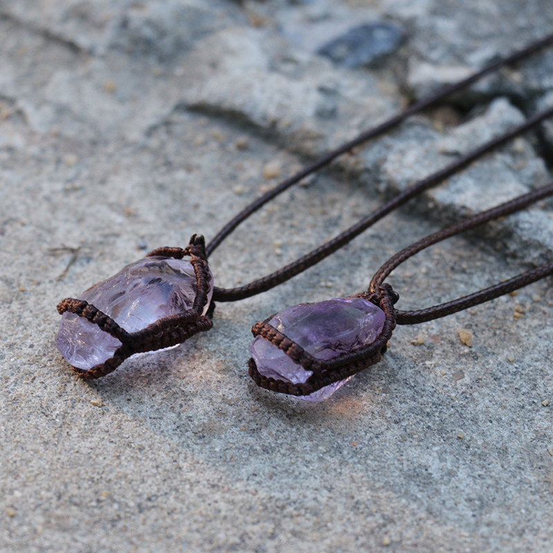 知了原创 天然紫水晶项链男设计感小众原石吊坠女毛衣链复古饰品
