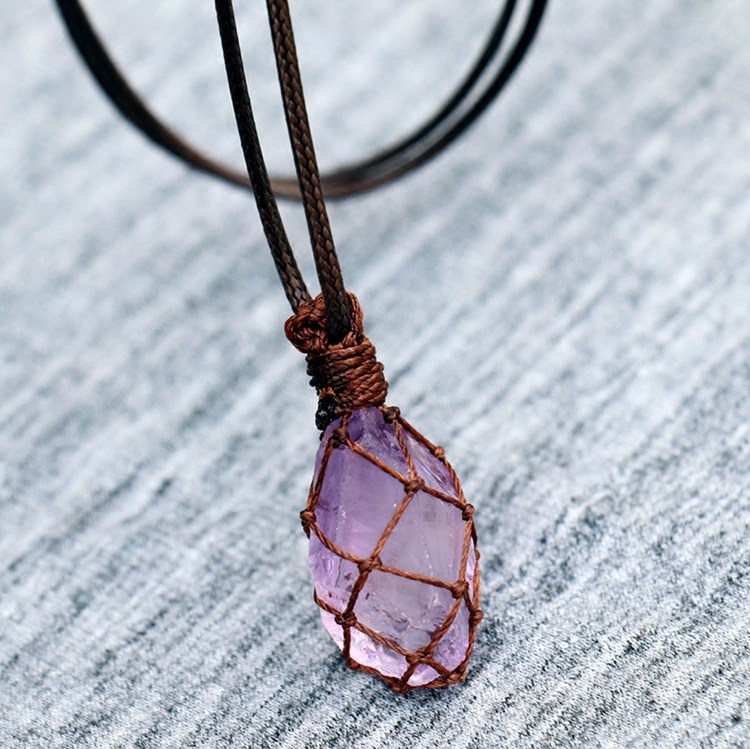 知了原创 天然冰种紫水晶原石吊坠项链毛衣链 手工编织男女款礼物