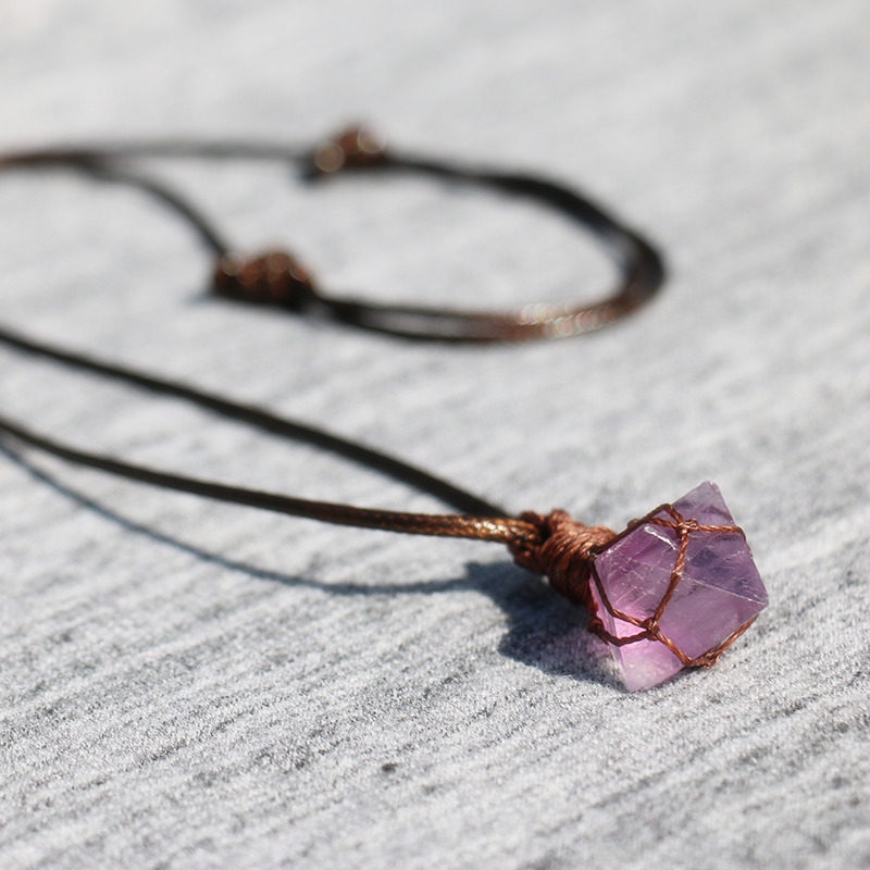 知了原创 小众设计 天然紫绿萤石八面体水晶原石吊坠毛衣项链男女