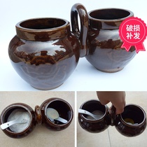 Household earthenware large oil salt pot barbecue seasoning pot kitchen seasoning box seasoning pot old salt pot with handle