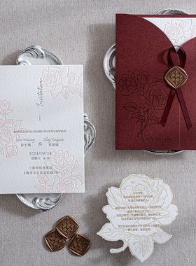 美美喜品letterpress活版凹凸版棉纸结婚礼邀请函帖喜帖柬酒红色