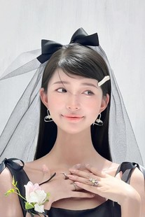 2023新款 拖地蝴蝶结韩式 甜美婚纱礼服拍照道具头饰 黑色头纱长款