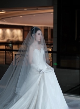 头纱新娘主婚纱长款拖尾高清清透素纱裸纱摄影氛围拍照造型样片白
