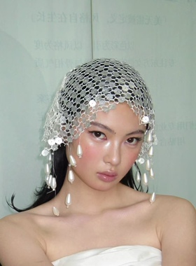 新娘结婚头纱手工缝珠流苏头饰摄影拍照造型样片高级感氛围感遮面