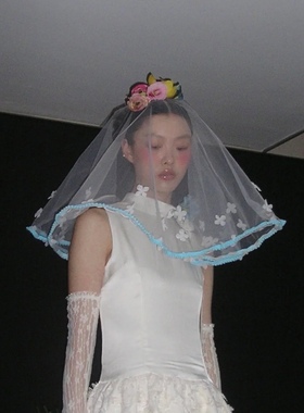 小众蓝色花边短头纱影楼摄影样片道具跟妆旅拍森系头饰求婚领证