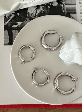 Retro自制S925银针耳圈法式小众设计耳环轻奢耳饰不规则耳钉百搭