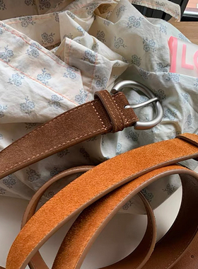 Retro复古简约2024秋冬质感磨砂麂皮绒牛皮腰带女银色扣百搭皮带