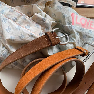 Retro复古简约2024秋冬质感磨砂麂皮绒牛皮腰带女银色扣百搭皮带