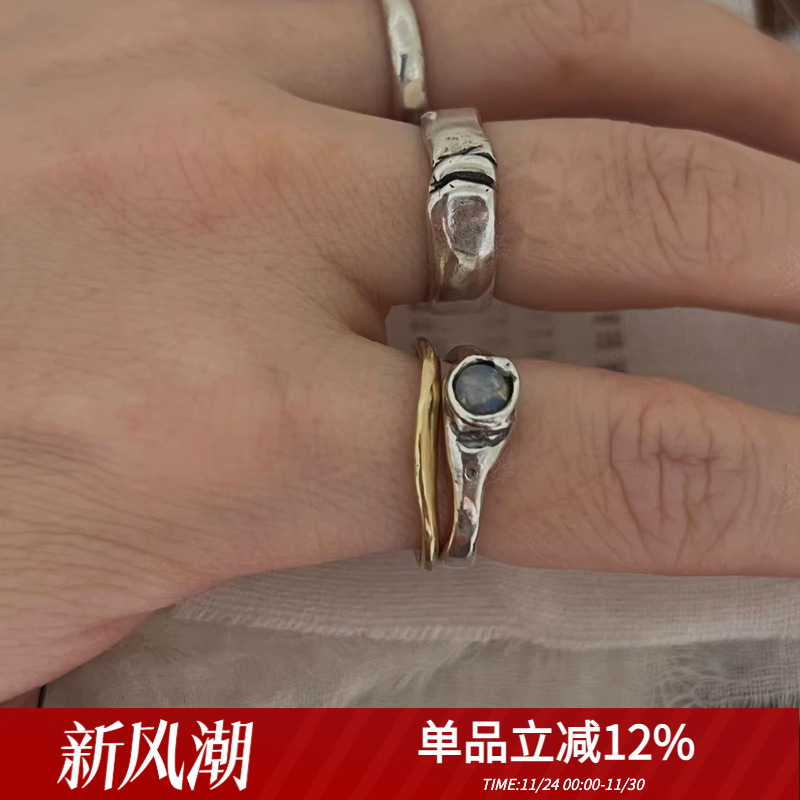 定制韩代小众设计mars25复古手工天然欧泊石925纯银戒指简约百搭