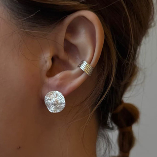 泰国手工银s925圆形植物系锤纹肌理小众设计极简百搭耳环银耳饰