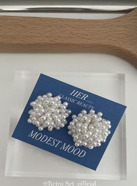 定制韩代Modest mood简约百搭质感手工编织珍珠串珠花朵耳钉耳环