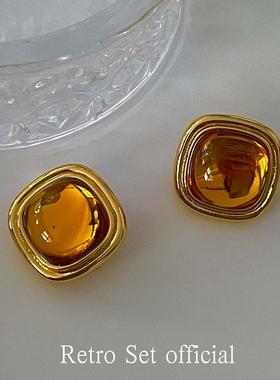 「黄昏琉璃」复古小众百搭高级感琥珀黄色水晶耳环硅胶耳夹耳钉女