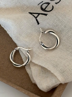 Retro泰银复古做旧S925纯银麻花编织耳扣百搭圆圈耳环小众简约耳