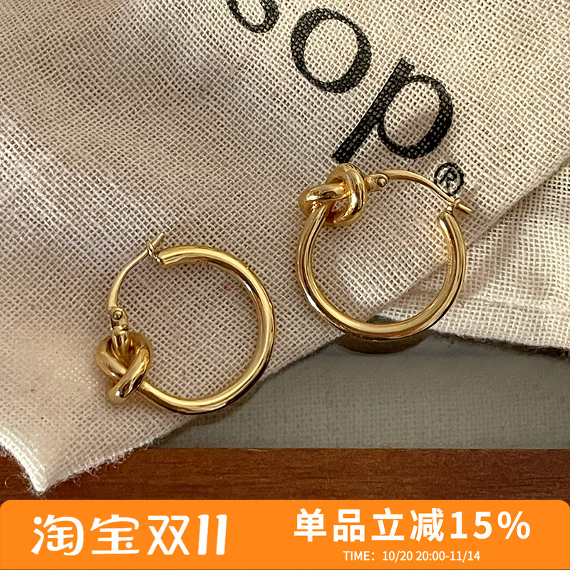 中古ce风knot金色极简打结圆环耳环黄铜电镀24k金轻奢高级耳饰