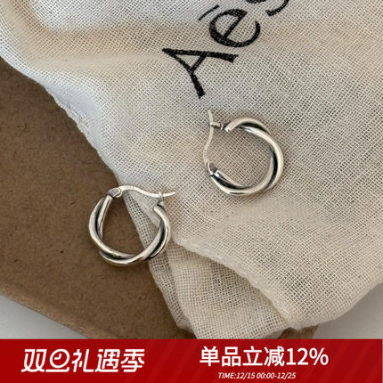 Retro泰银复古做旧S925纯银麻花编织耳扣百搭圆圈耳环小众简约耳