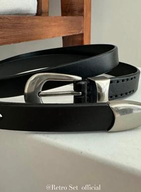 自制银色金属框简约黑色牛皮真皮腰带
