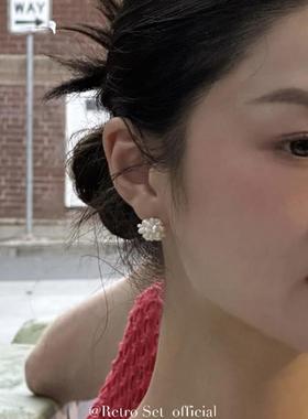 法式复古重工天然淡水巴洛克米粒珍珠花球纯银耳钉荷静同款耳环