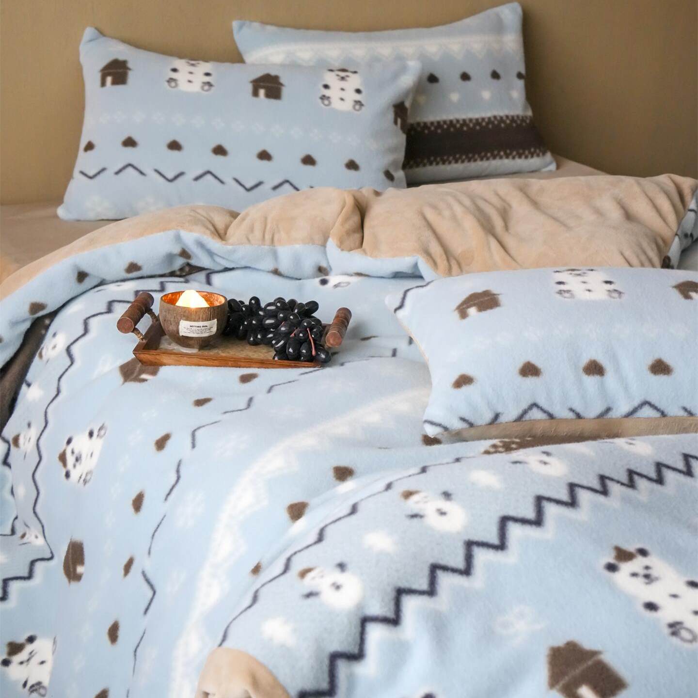 卡通加厚仿羊毛绒床上用品三件套