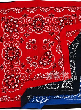 出口原单68CM复古蓝红色腰果花大方巾bandana纯棉嘻哈包头巾scarf