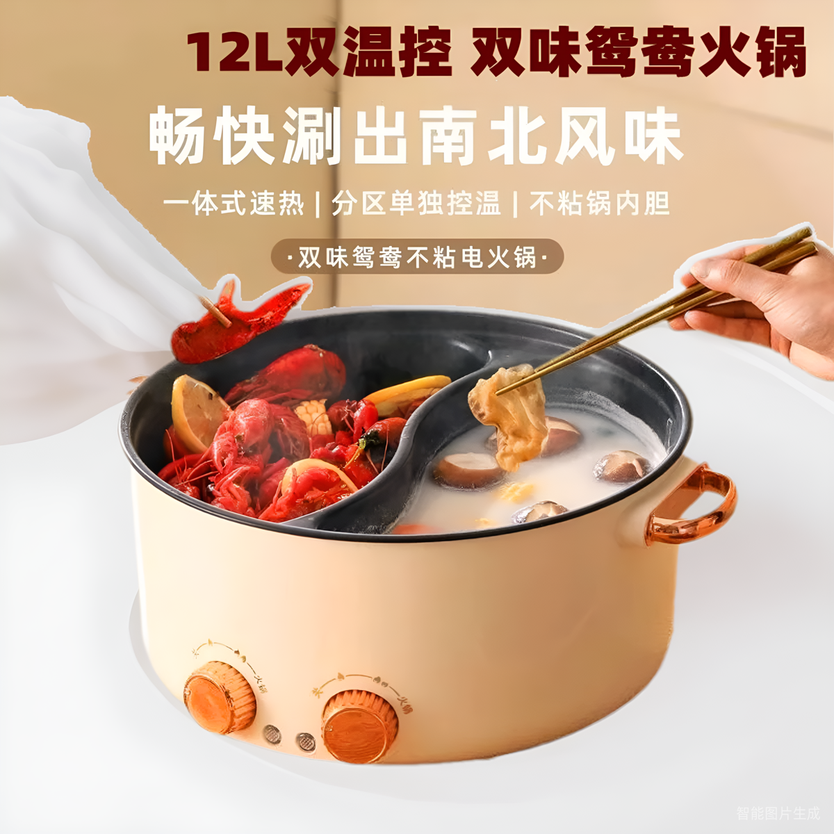 双温控麦饭石15L大容量鸳鸯电火火锅韩式火锅锅家用插电 独立控制