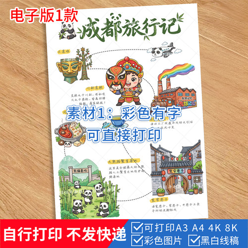 1014-成都旅行记手抄报模板 旅游小报彩色黑白线稿可打印电子版