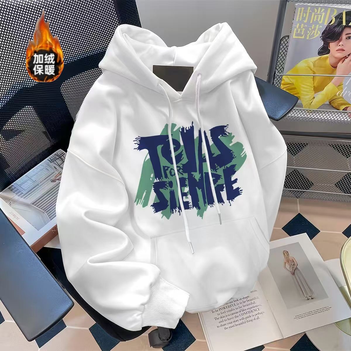 秋冬季加绒加厚圆领卫衣男潮牌长袖百搭美式字母印花套头连帽上衣