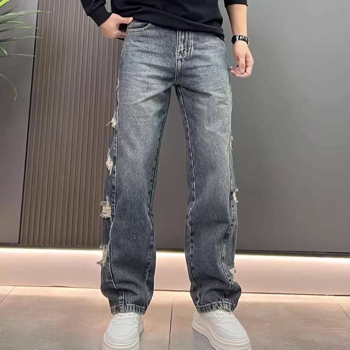 美式复古做旧牛仔裤男款潮流侧边刮烂破洞设计宽松直筒春夏长裤子