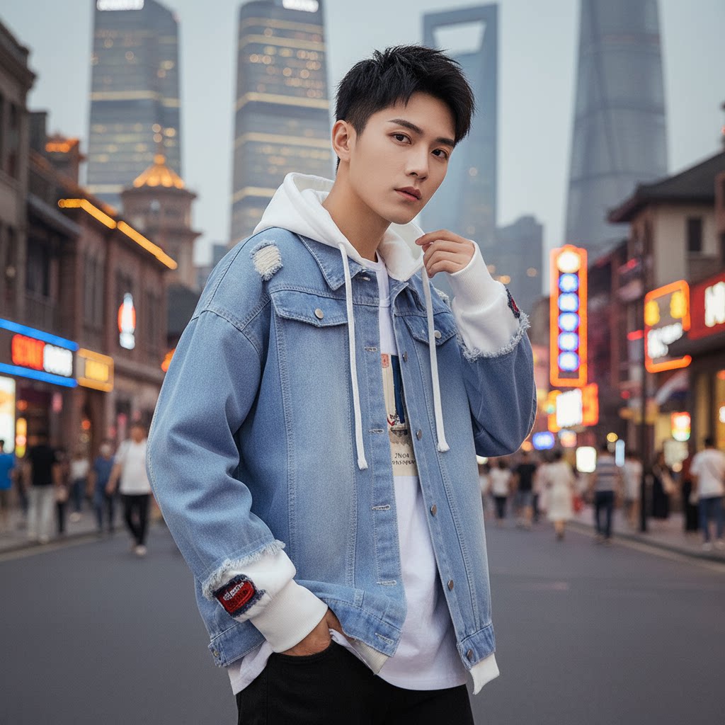 美式连帽破洞假两件牛仔外套男