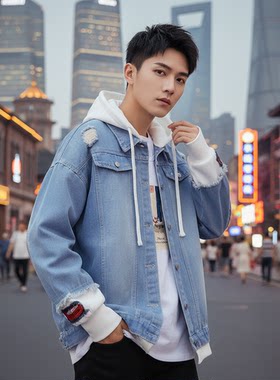 美式连帽破洞假两件牛仔外套男