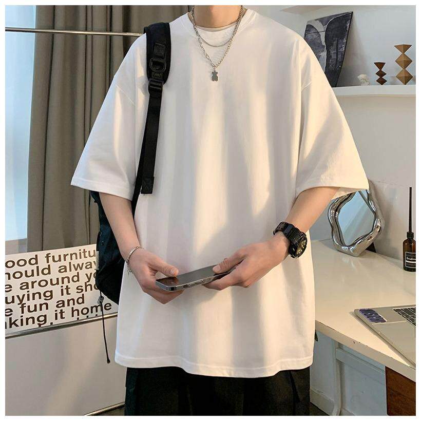 港风100%纯棉五分短袖t恤男士夏薄款宽松纯色打底衫套头圆领上衣